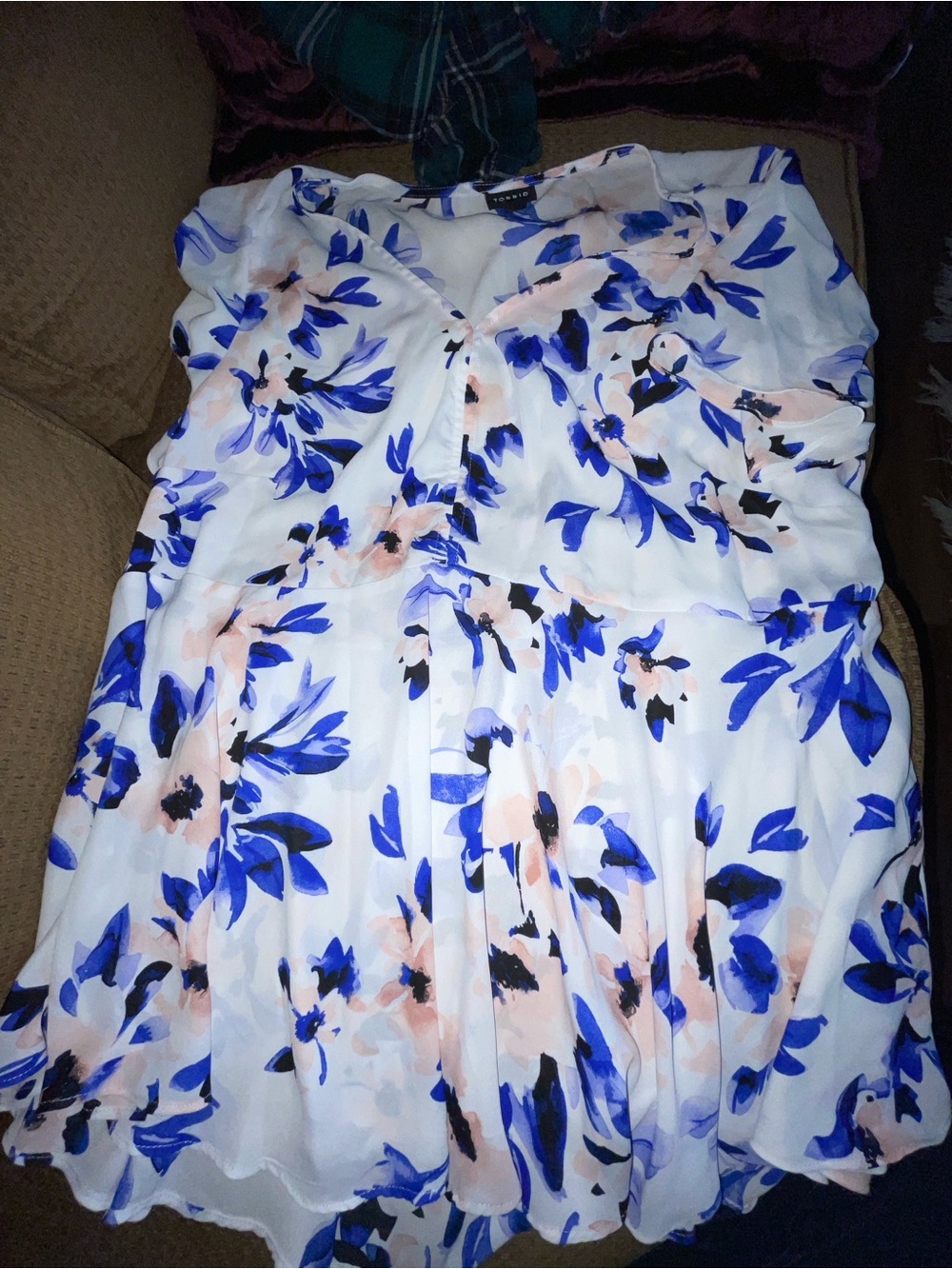 Torrid White Floral Peplum Top with Blue and Blush Prints